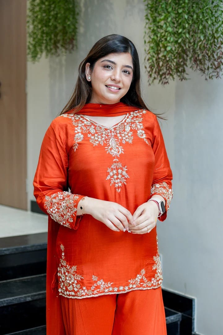Wedding Special Mul Chanderi Top Palazzo & Dupatta Set