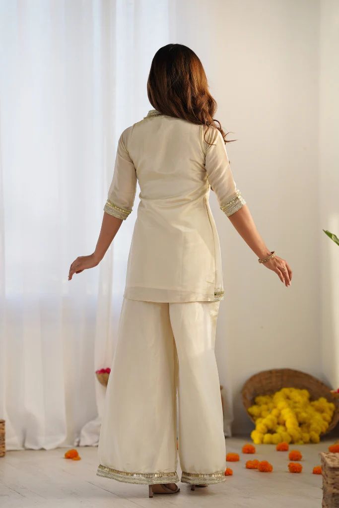 Inaya Wrap Set - Ivory Lace Kurta with Palazzo Pants