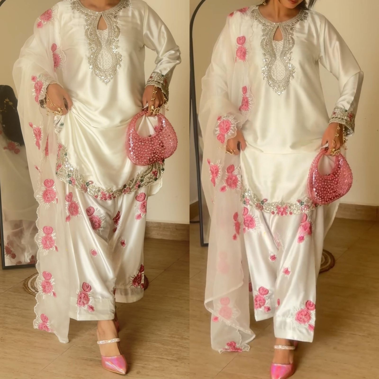 Designer Party Wear Embroidered Top with Farshi Salwar & Dupatta Set