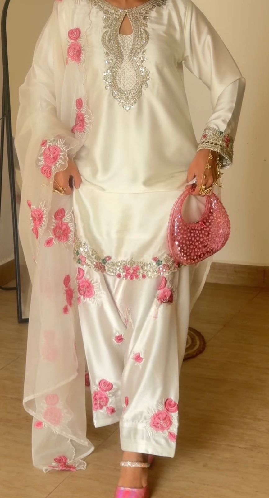 Designer Party Wear Embroidered Top with Farshi Salwar & Dupatta Set