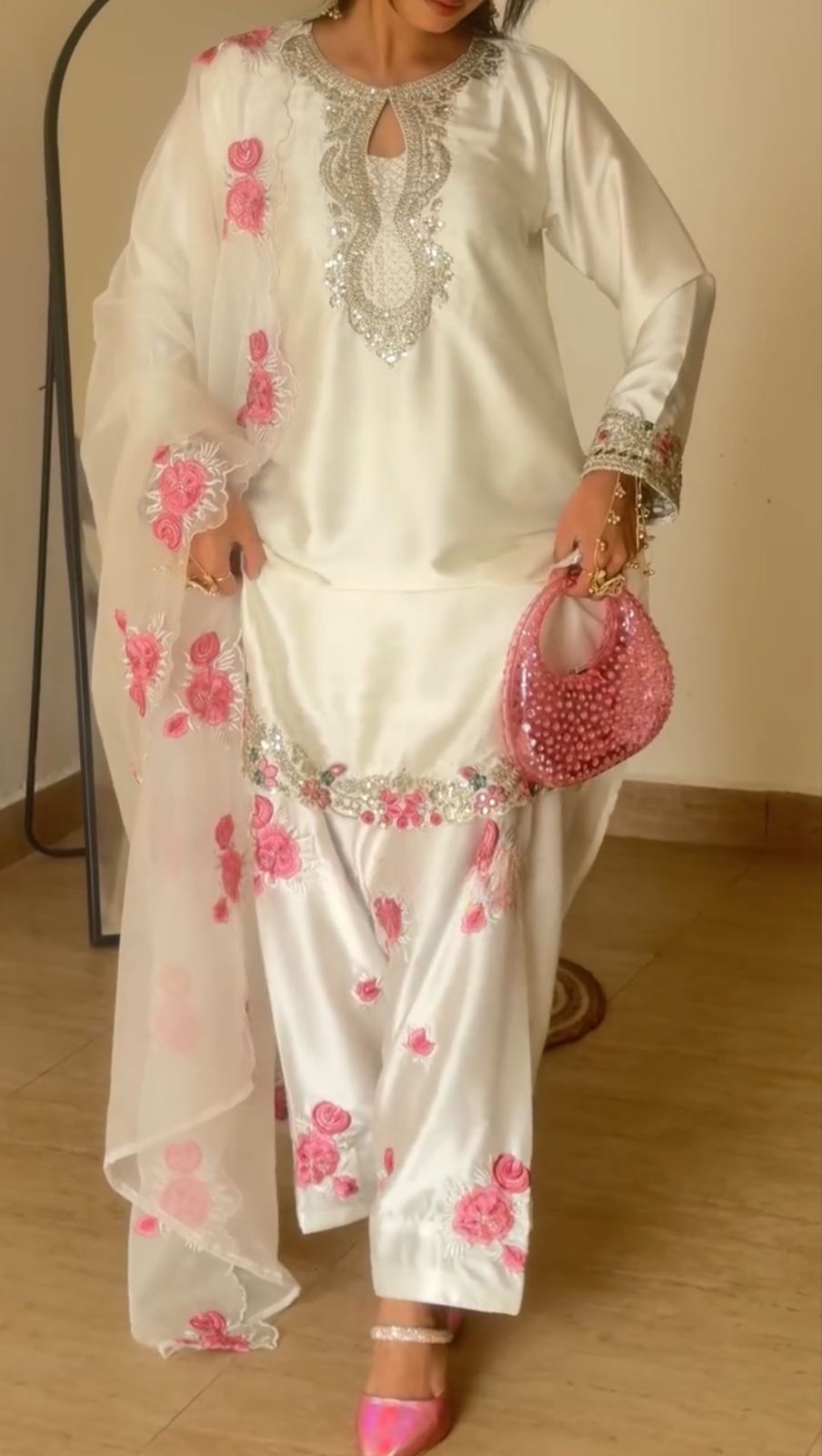 Designer Party Wear Embroidered Top with Farshi Salwar & Dupatta Set