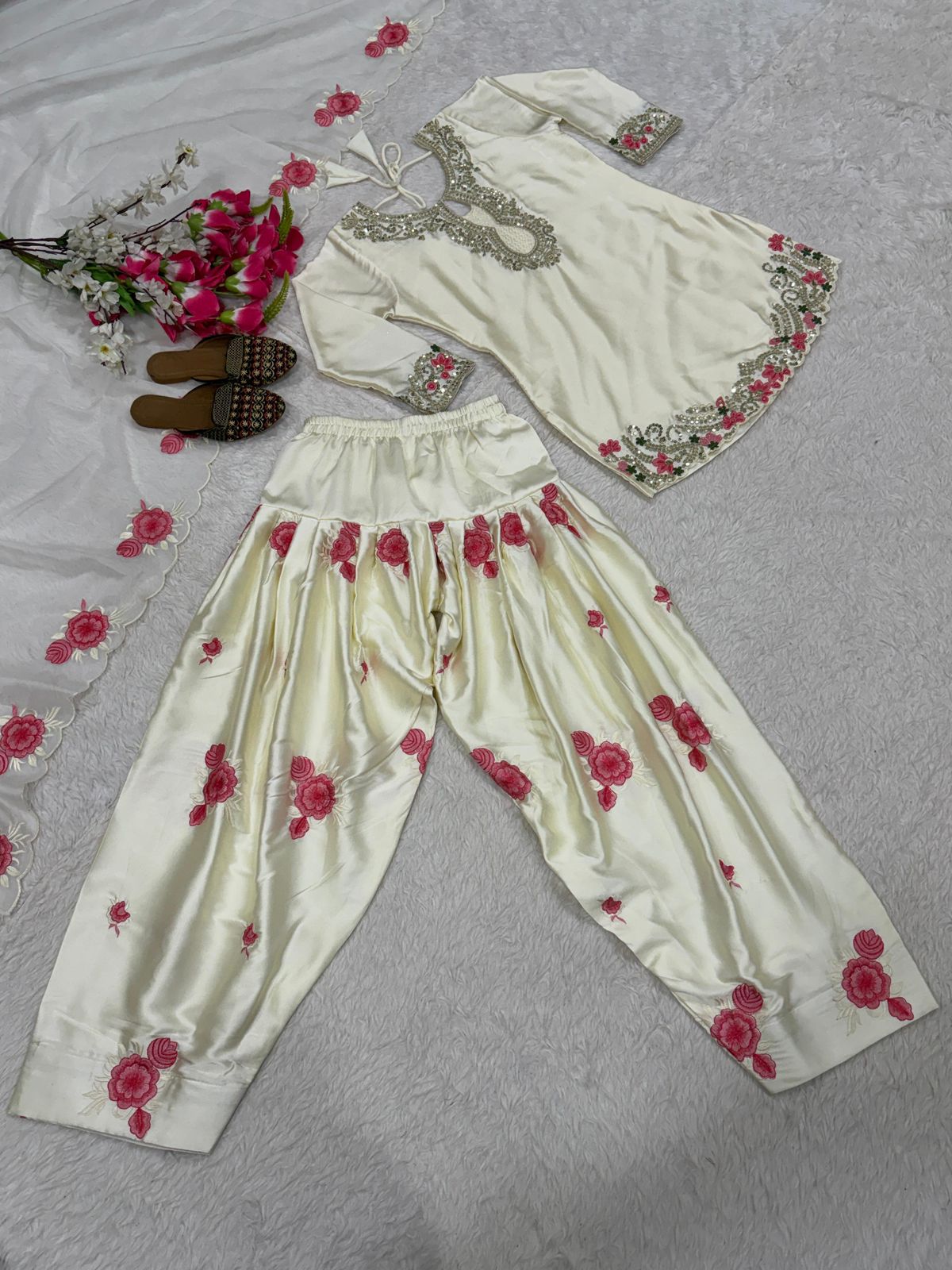 Designer Party Wear Embroidered Top with Farshi Salwar & Dupatta Set