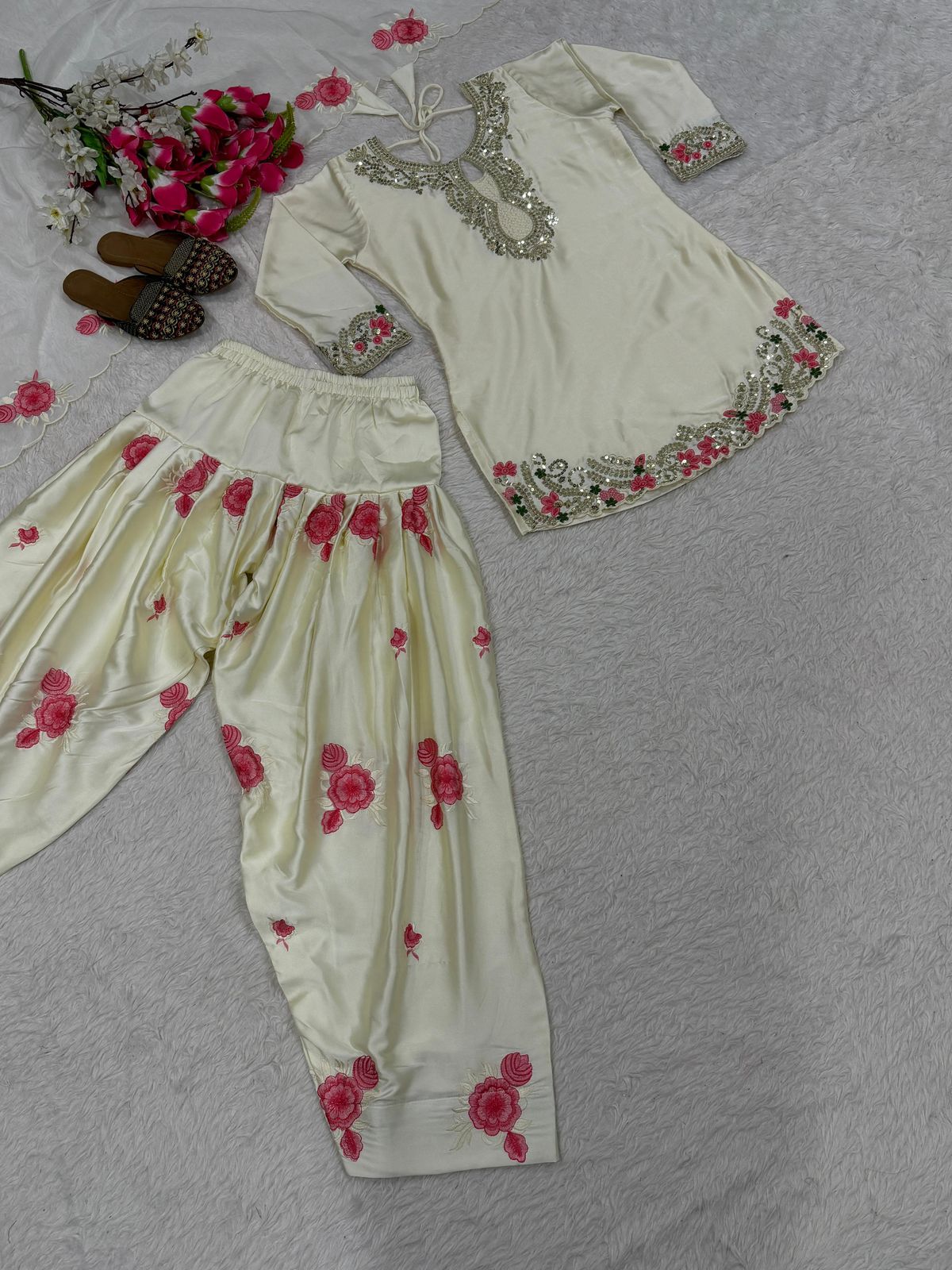 Designer Party Wear Embroidered Top with Farshi Salwar & Dupatta Set