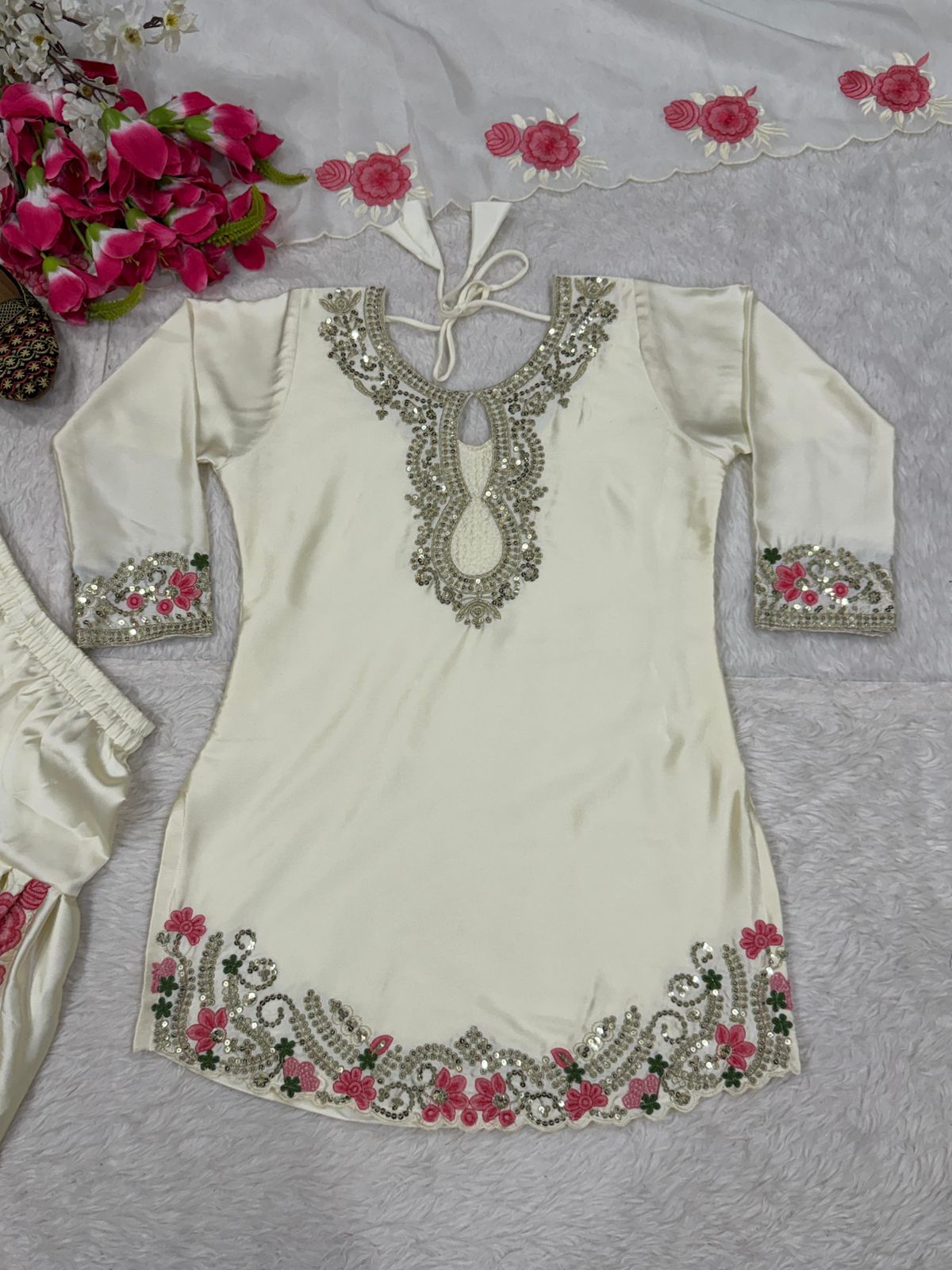 Designer Party Wear Embroidered Top with Farshi Salwar & Dupatta Set