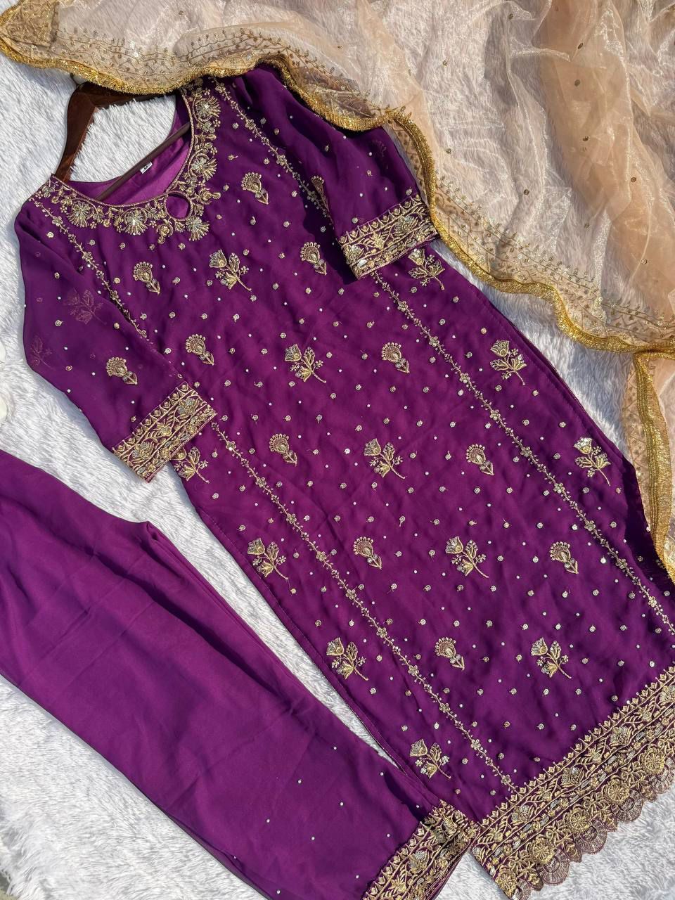 Fancy Faux Georgette Embroidered 3 Pcs Set