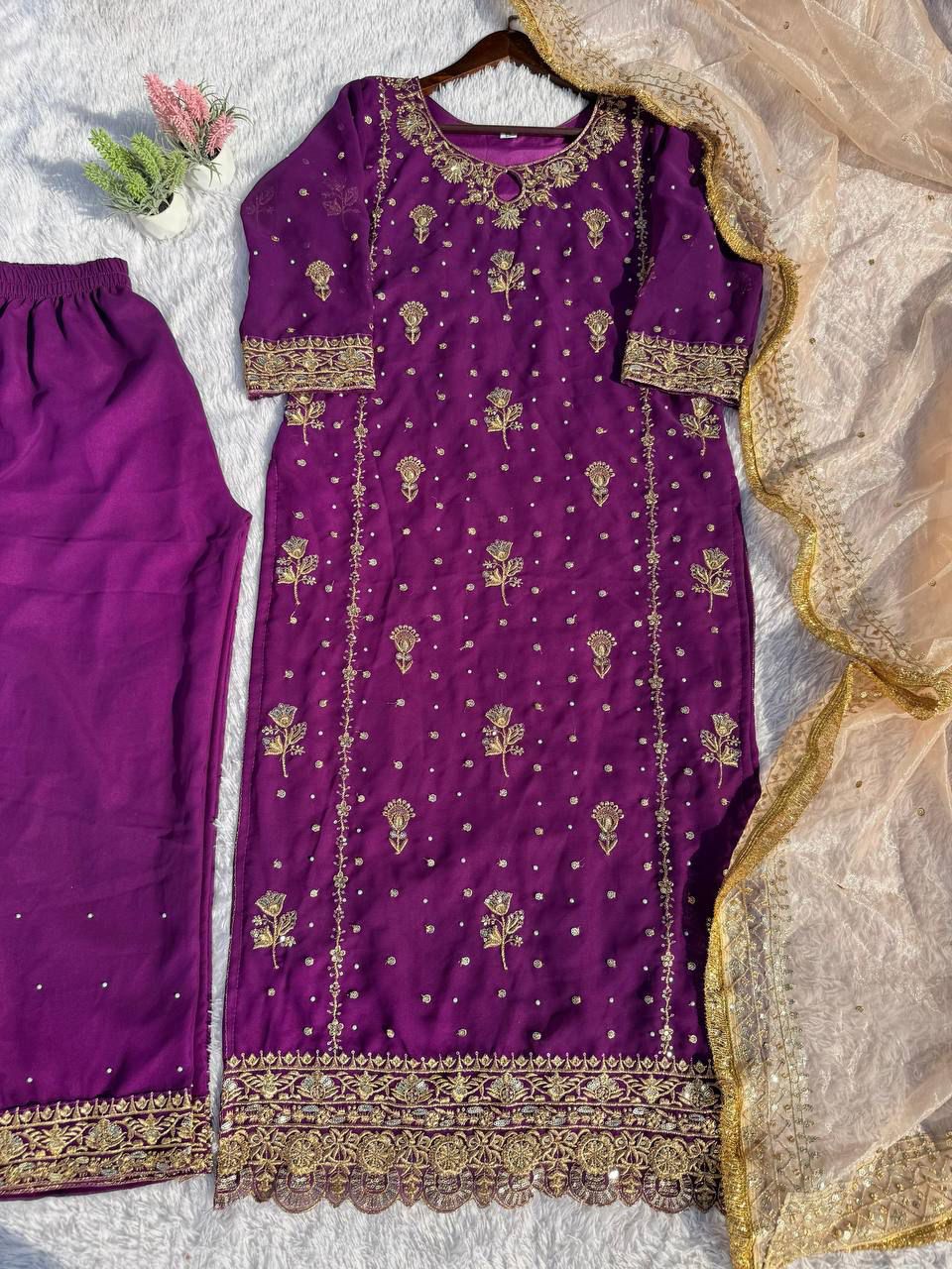 Fancy Faux Georgette Embroidered 3 Pcs Set