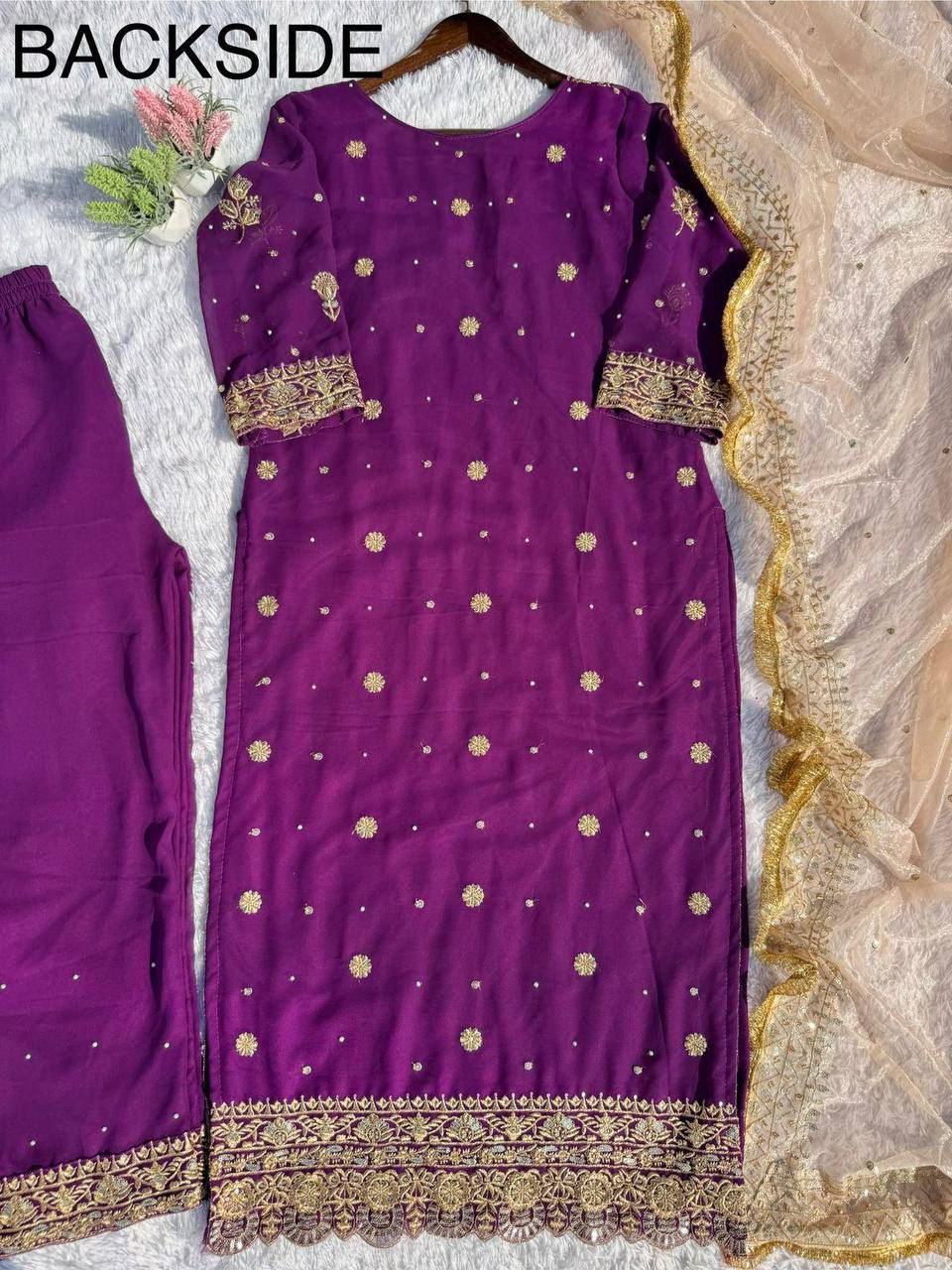 Fancy Faux Georgette Embroidered 3 Pcs Set