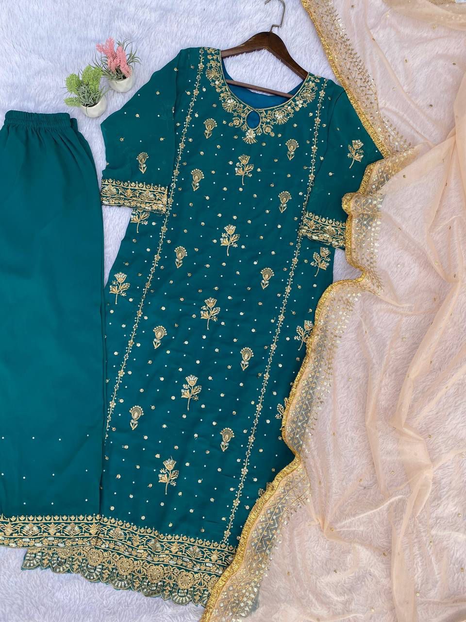 Fancy Faux Georgette Embroidered 3 Pcs Set