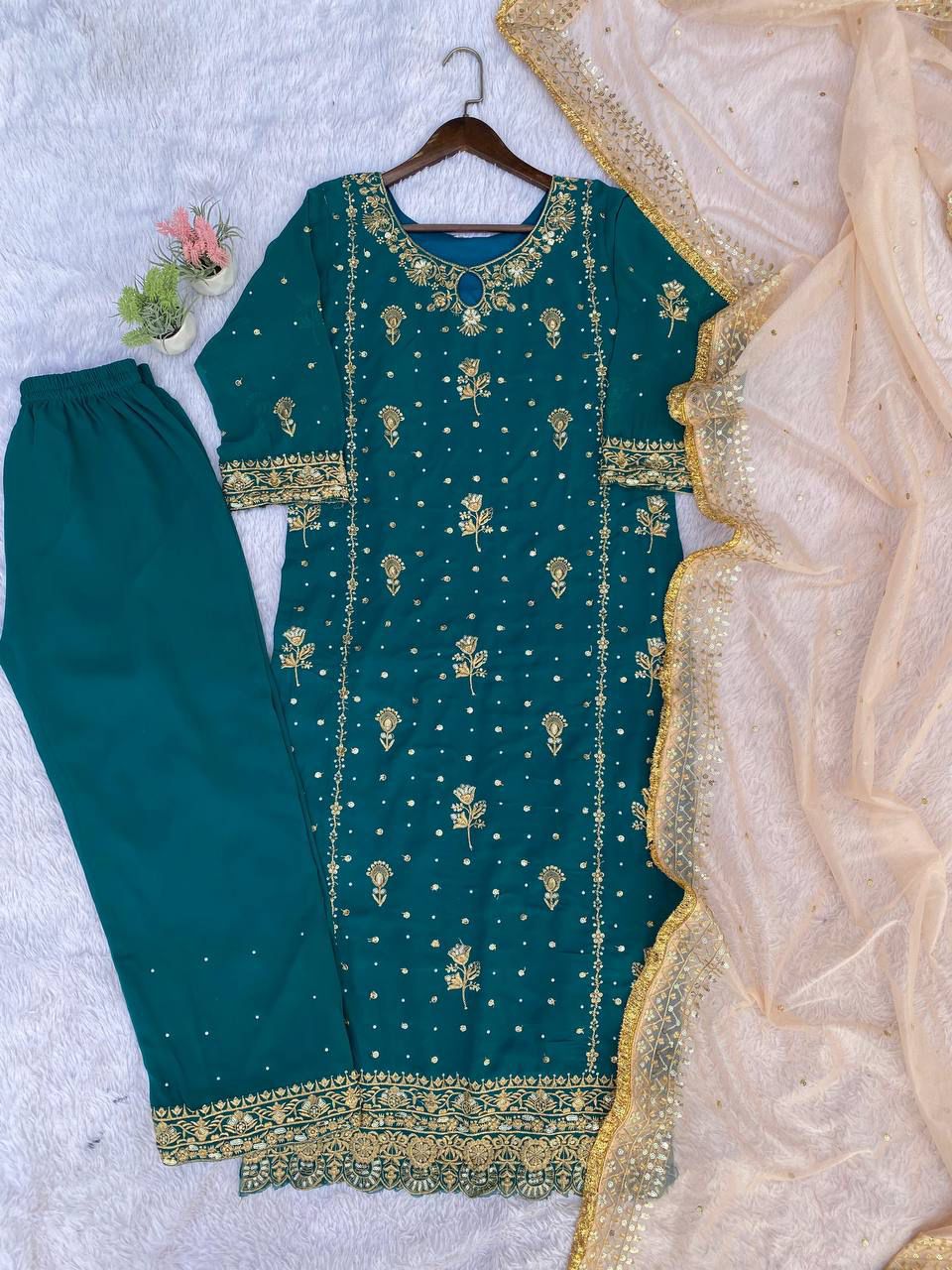 Fancy Faux Georgette Embroidered 3 Pcs Set