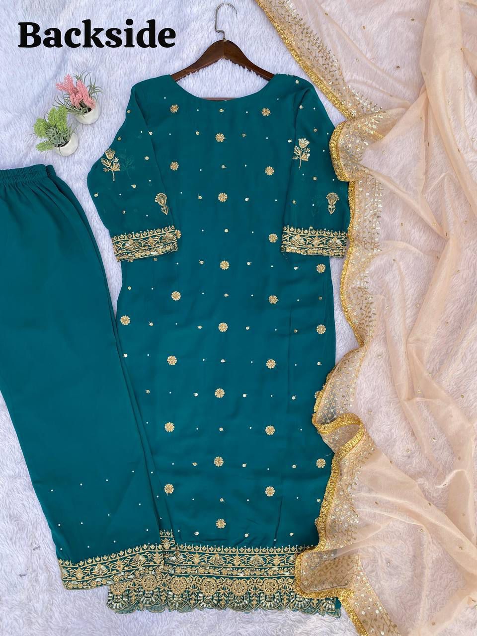 Fancy Faux Georgette Embroidered 3 Pcs Set