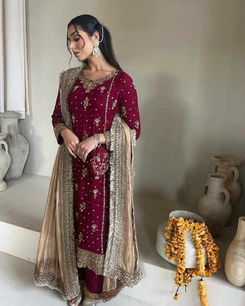 Fancy Faux Georgette Embroidered 3 Pcs Set