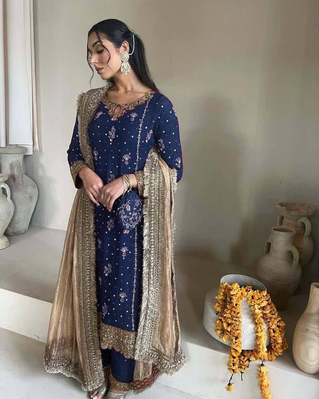 Fancy Faux Georgette Embroidered 3 Pcs Set
