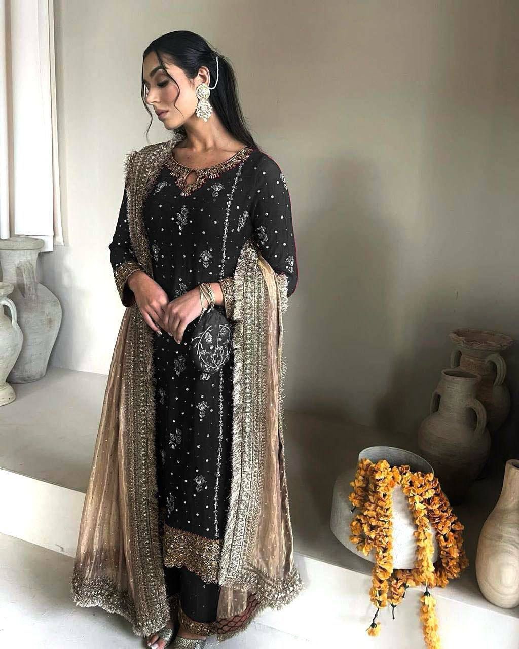 Fancy Faux Georgette Embroidered 3 Pcs Set
