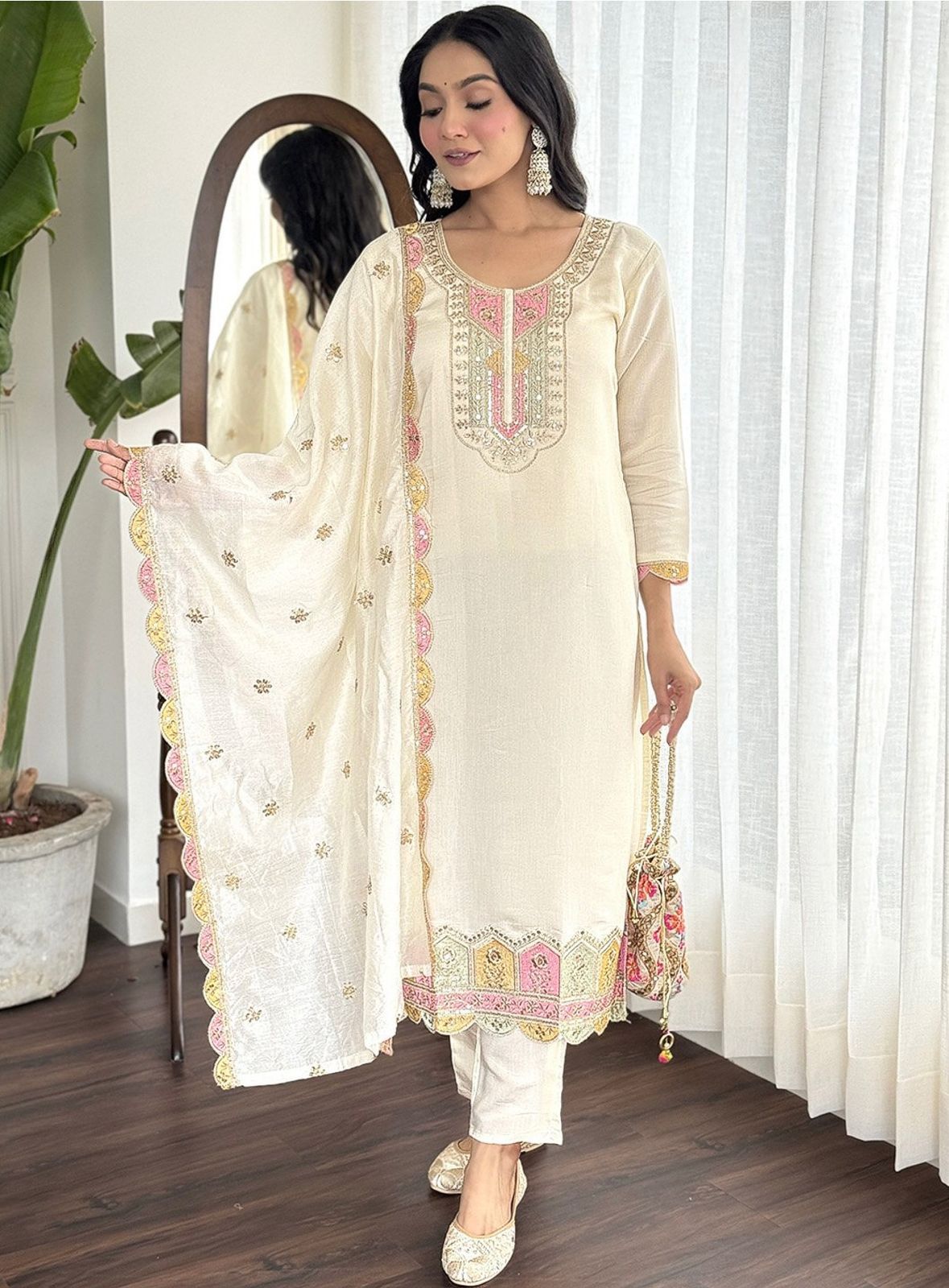 Embroidered Roman Silk Suit Set with Dupatta - Off White