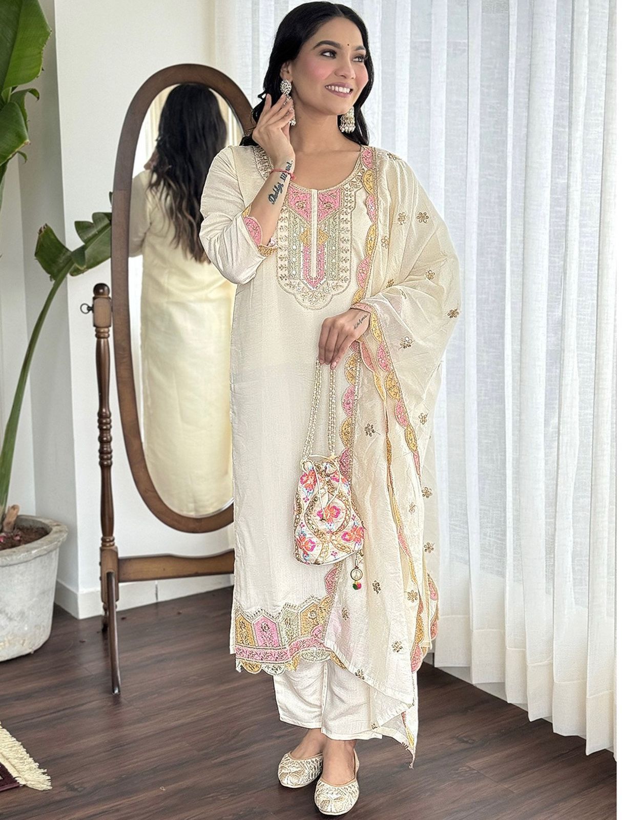 Embroidered Roman Silk Suit Set with Dupatta - Off White