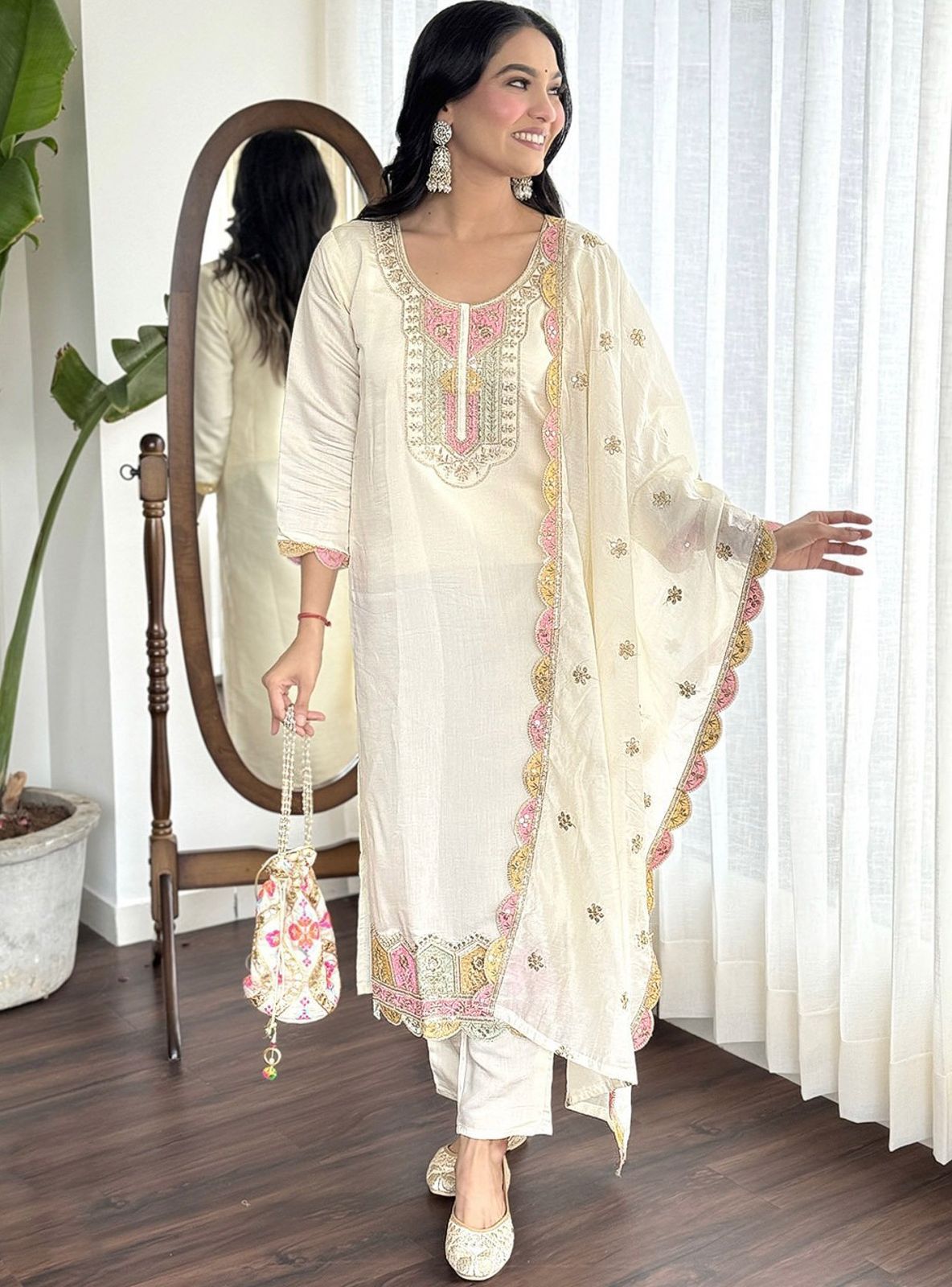 Embroidered Roman Silk Suit Set with Dupatta - Off White