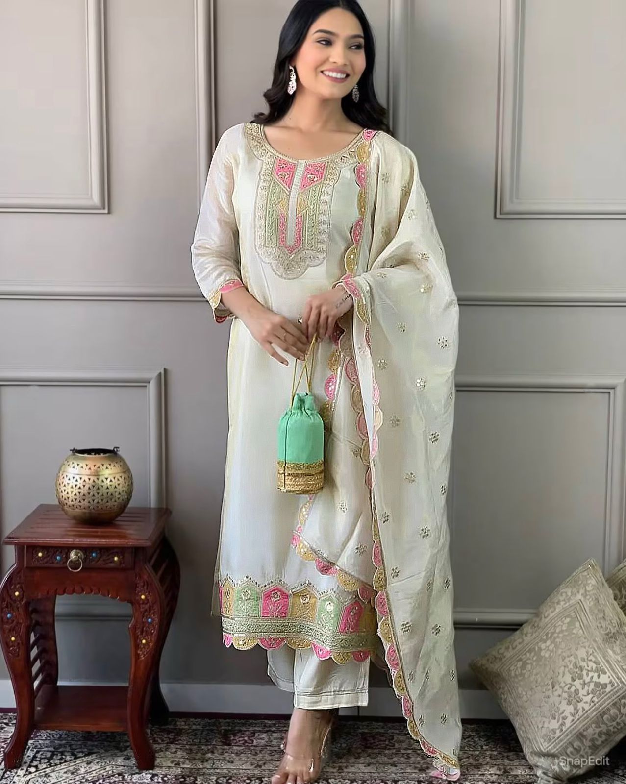 Embroidered Roman Silk Suit Set with Dupatta - Off White