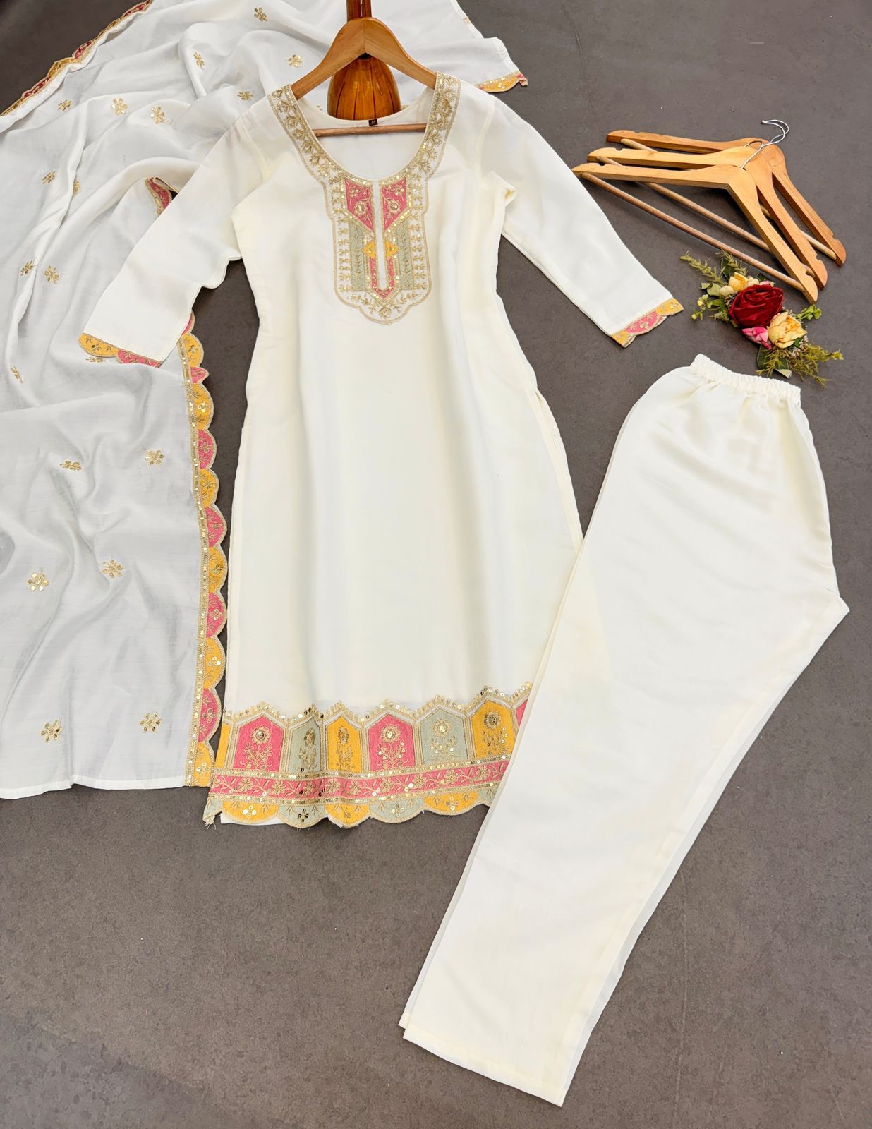 Embroidered Roman Silk Suit Set with Dupatta - Off White