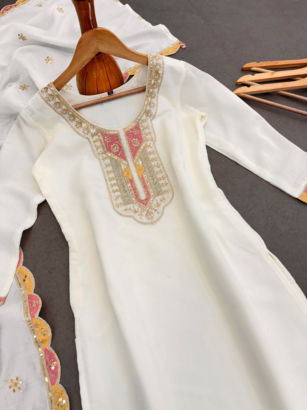 Embroidered Roman Silk Suit Set with Dupatta - Off White