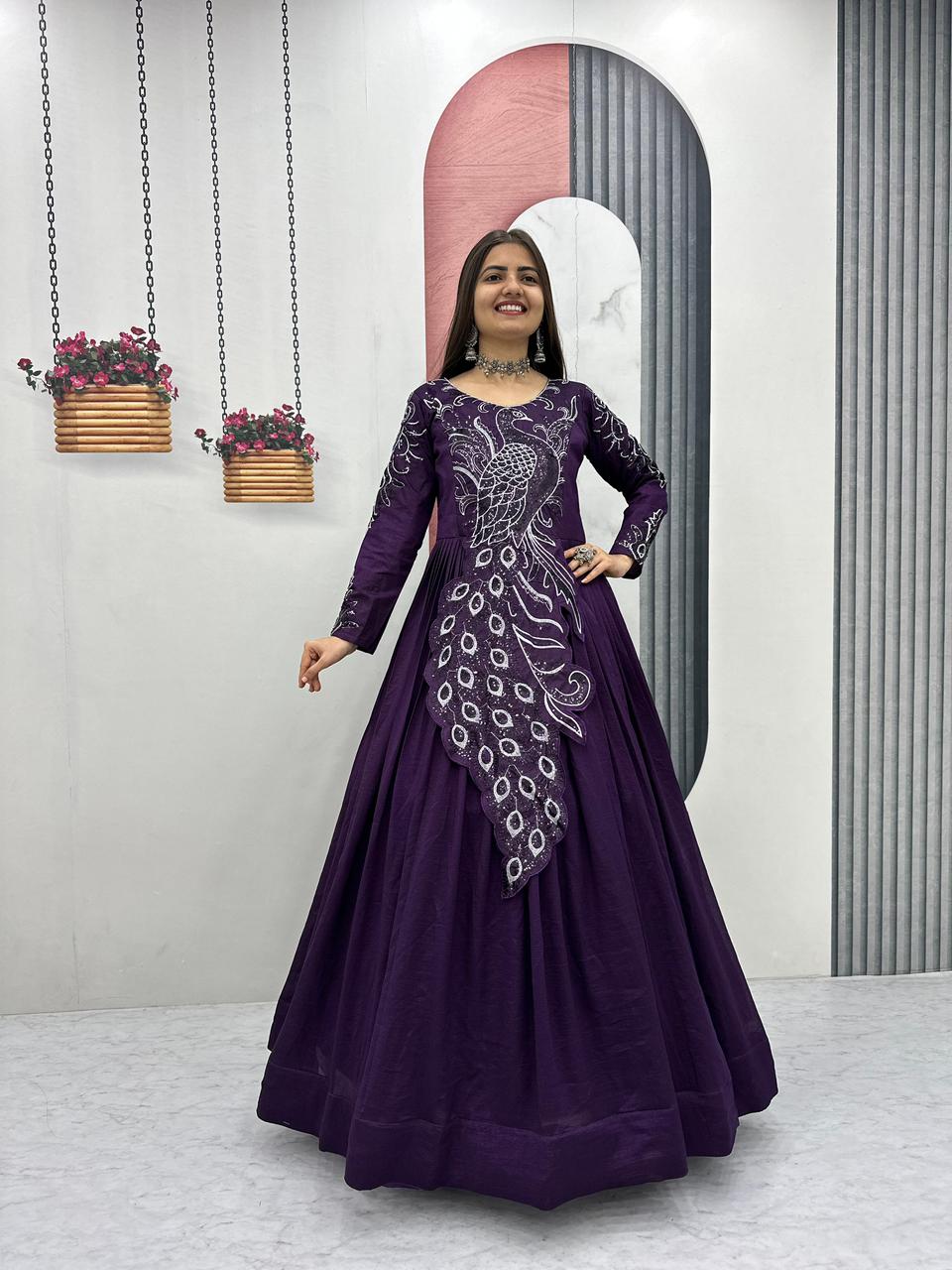 Designer Embroidered Vichitra Silk Gown - SW118