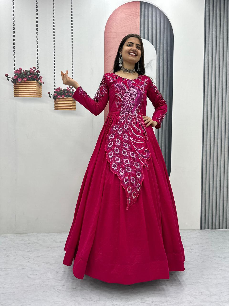Designer Embroidered Vichitra Silk Gown - SW118