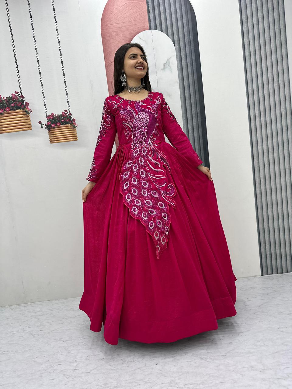 Designer Embroidered Vichitra Silk Gown - SW118