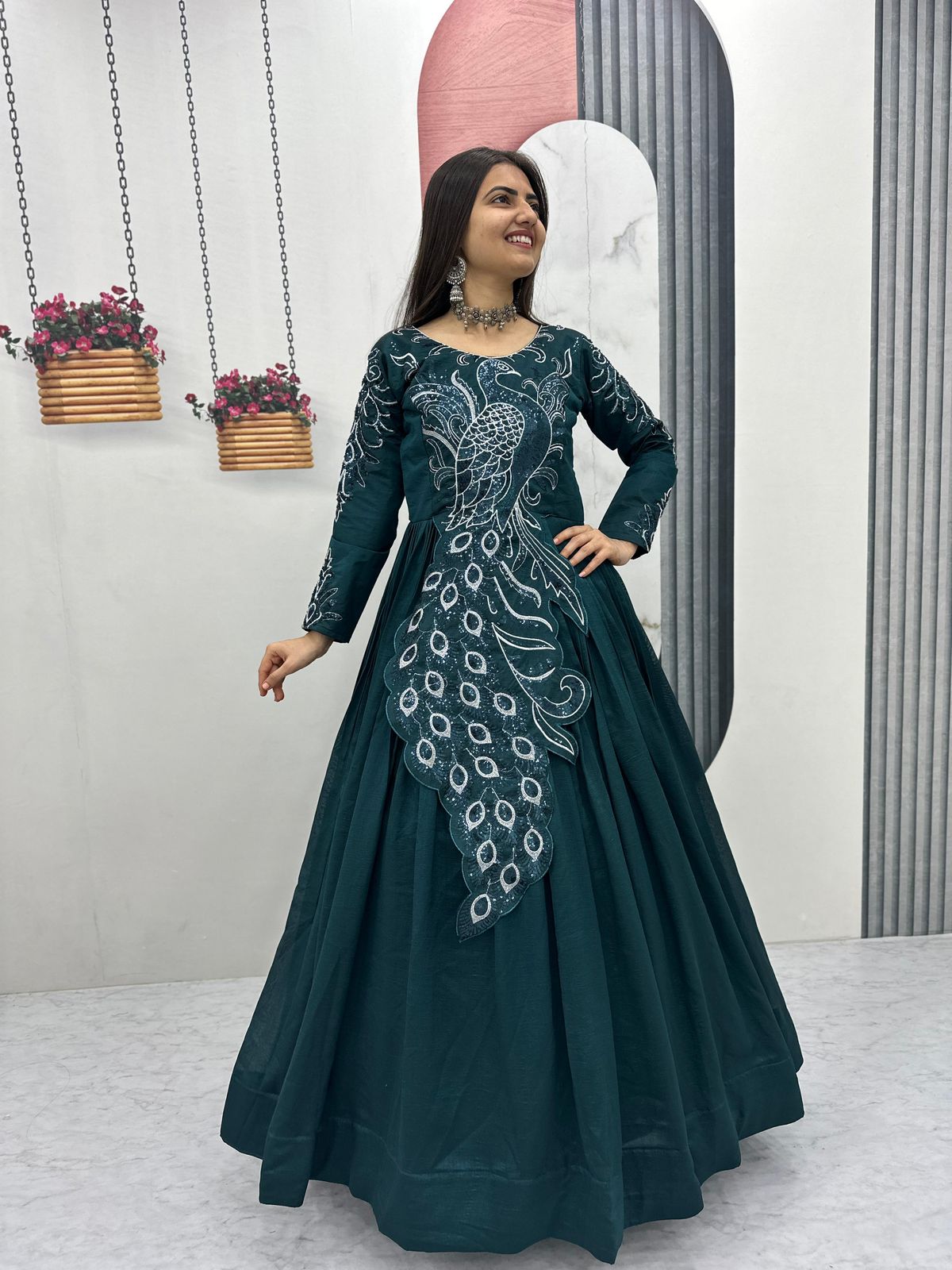 Designer Embroidered Vichitra Silk Gown - SW118