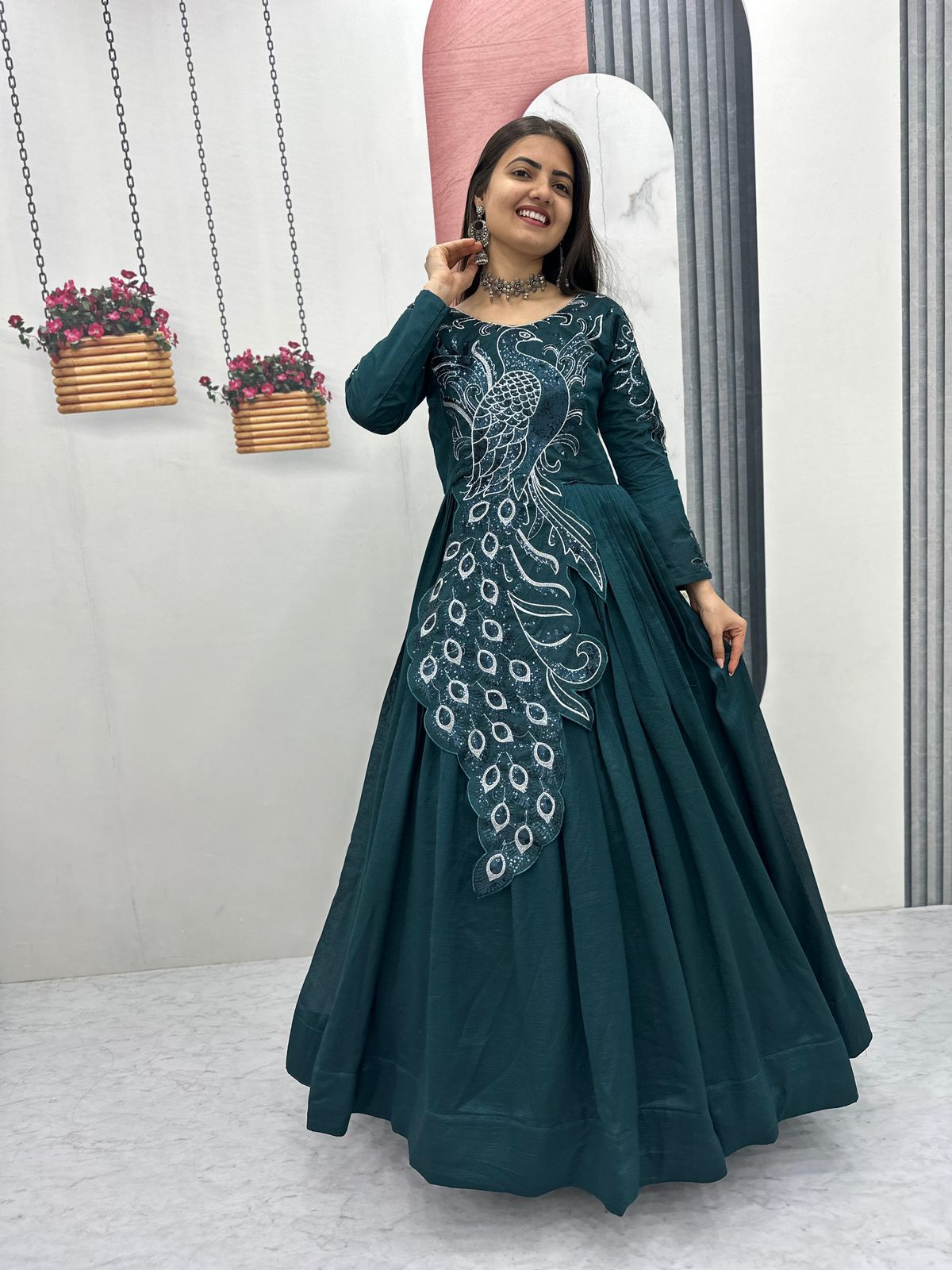 Designer Embroidered Vichitra Silk Gown - SW118