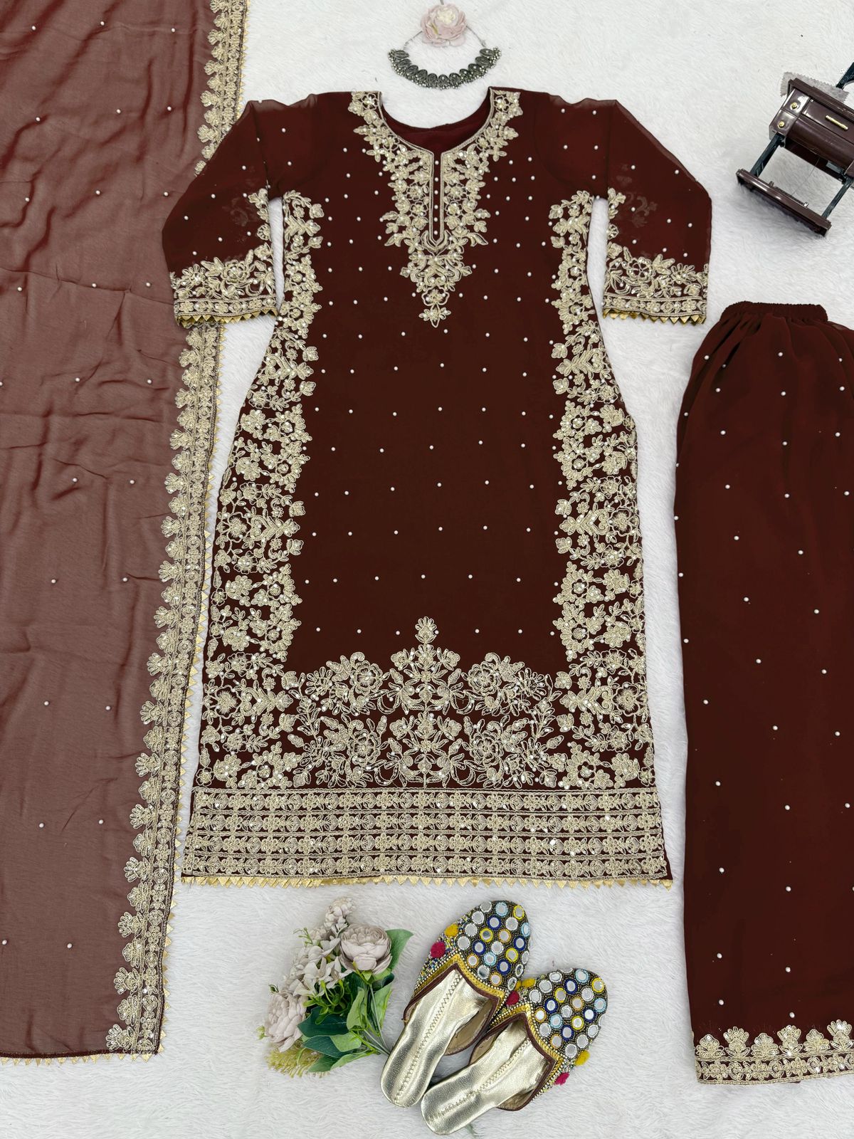 Premium Faux Georgette Embroidered Coord Set