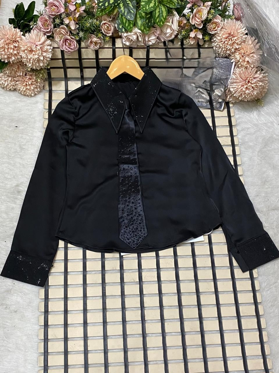 Party Wear Rhinestone Collar Shirt with Tie