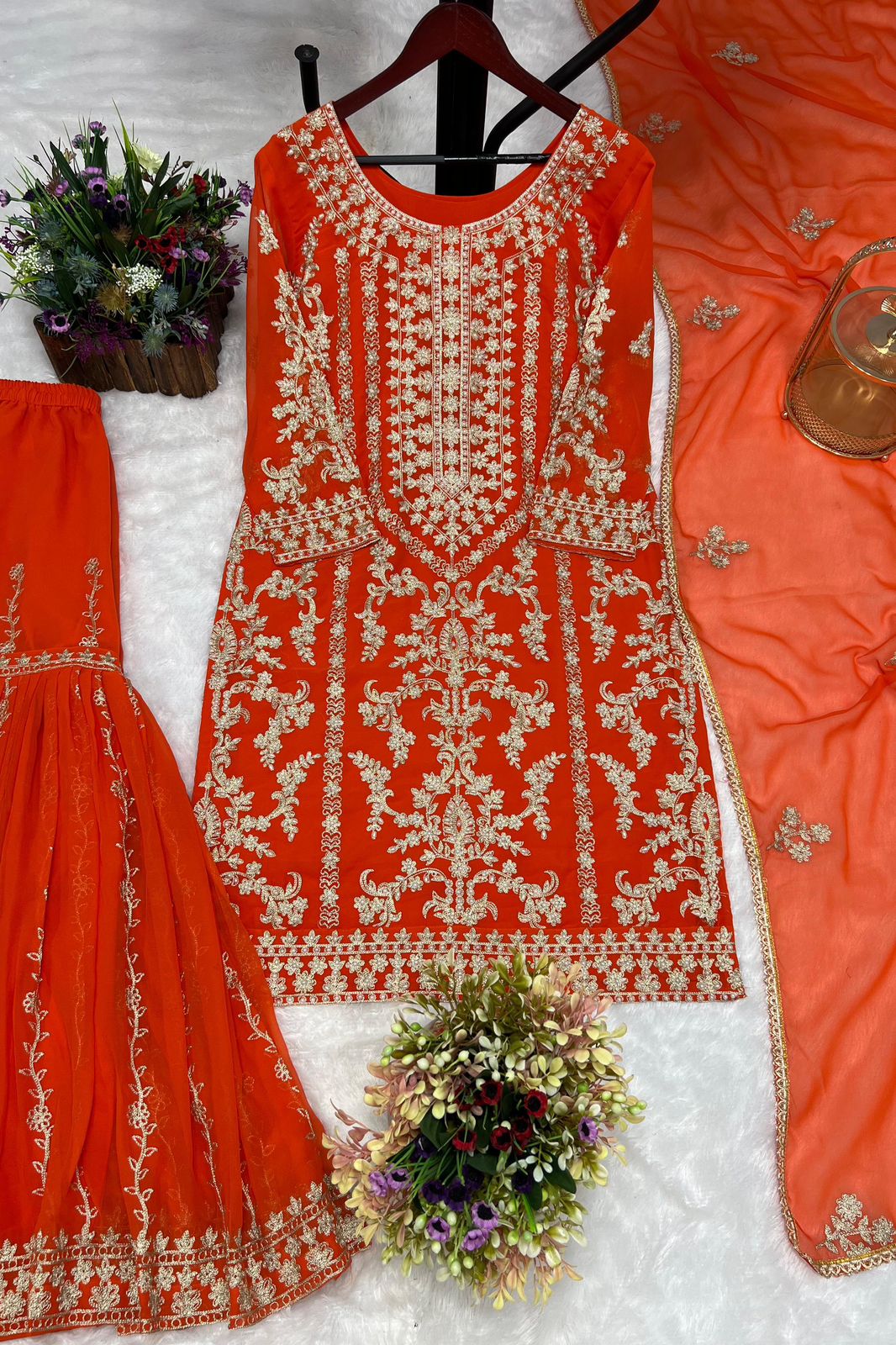 Heavy Faux Georgette Embroidery Kurti with Sharara & Dupatta
