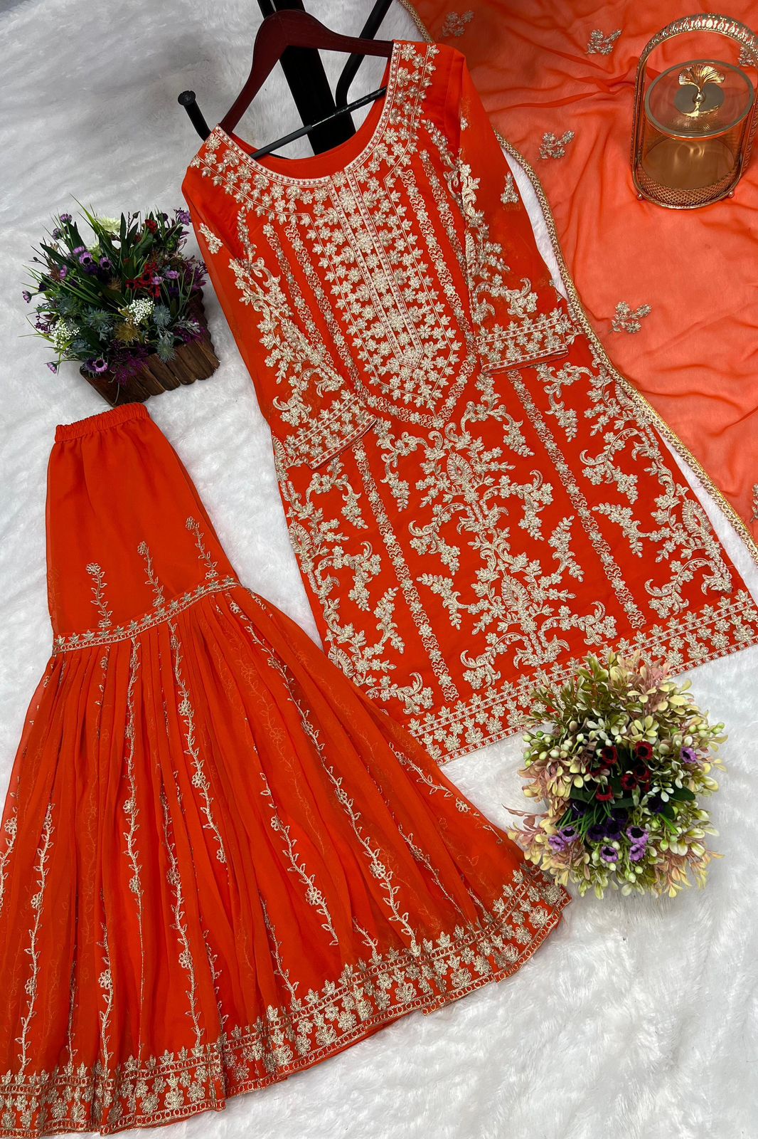 Heavy Faux Georgette Embroidery Kurti with Sharara & Dupatta