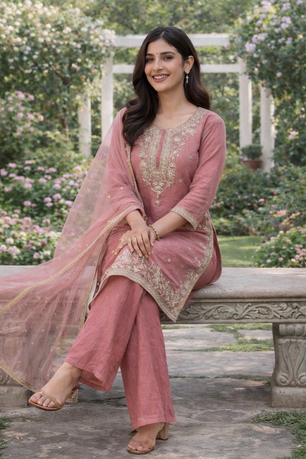 Fancy Embroidery & Sequence Work Top-Palazzo with Dupatta