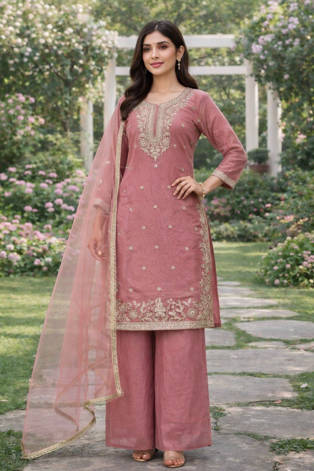 Fancy Embroidery & Sequence Work Top-Palazzo with Dupatta