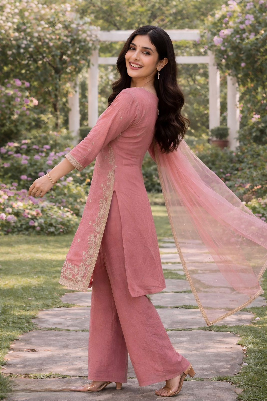 Fancy Embroidery & Sequence Work Top-Palazzo with Dupatta