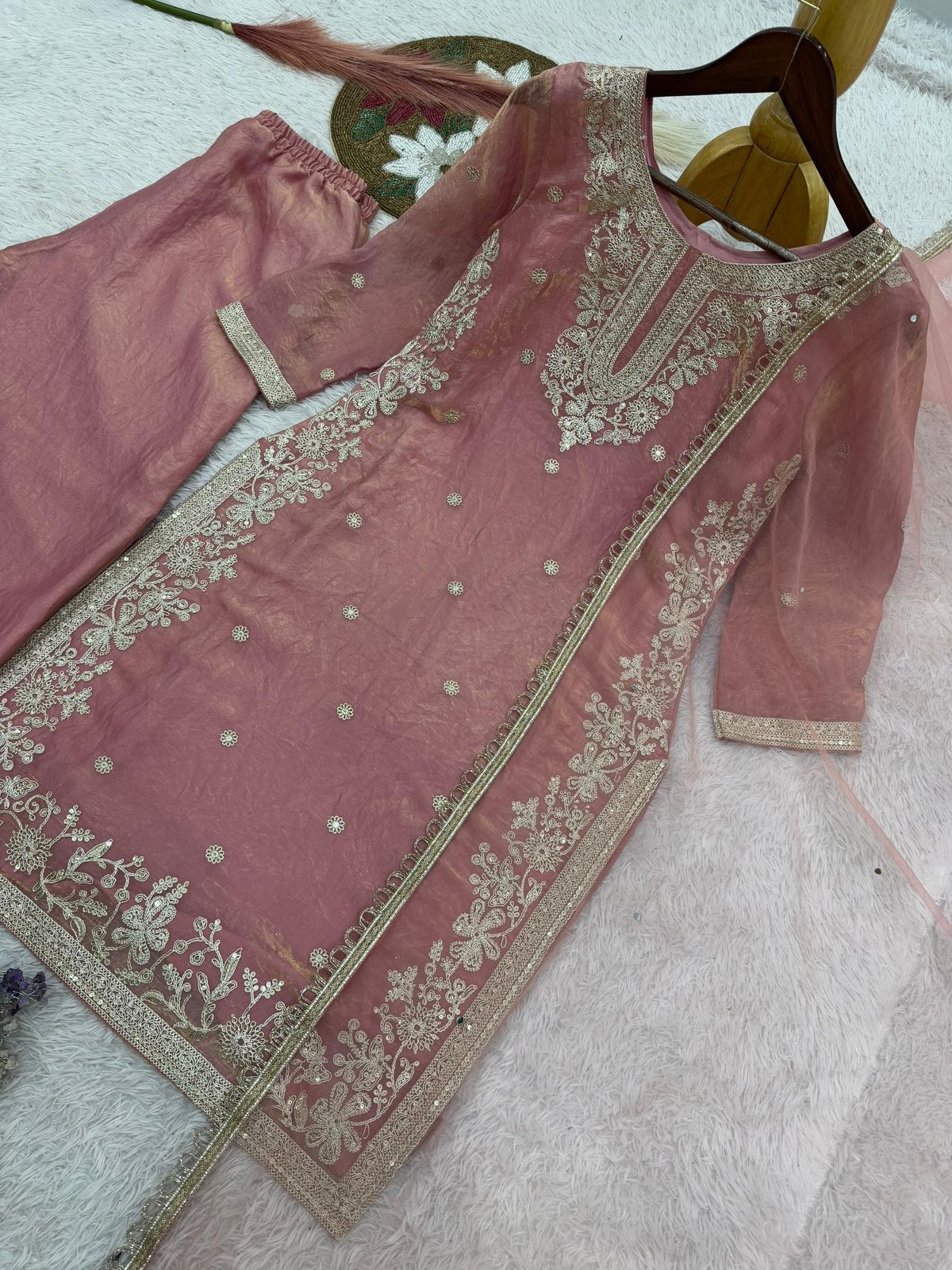 Fancy Embroidery & Sequence Work Top-Palazzo with Dupatta