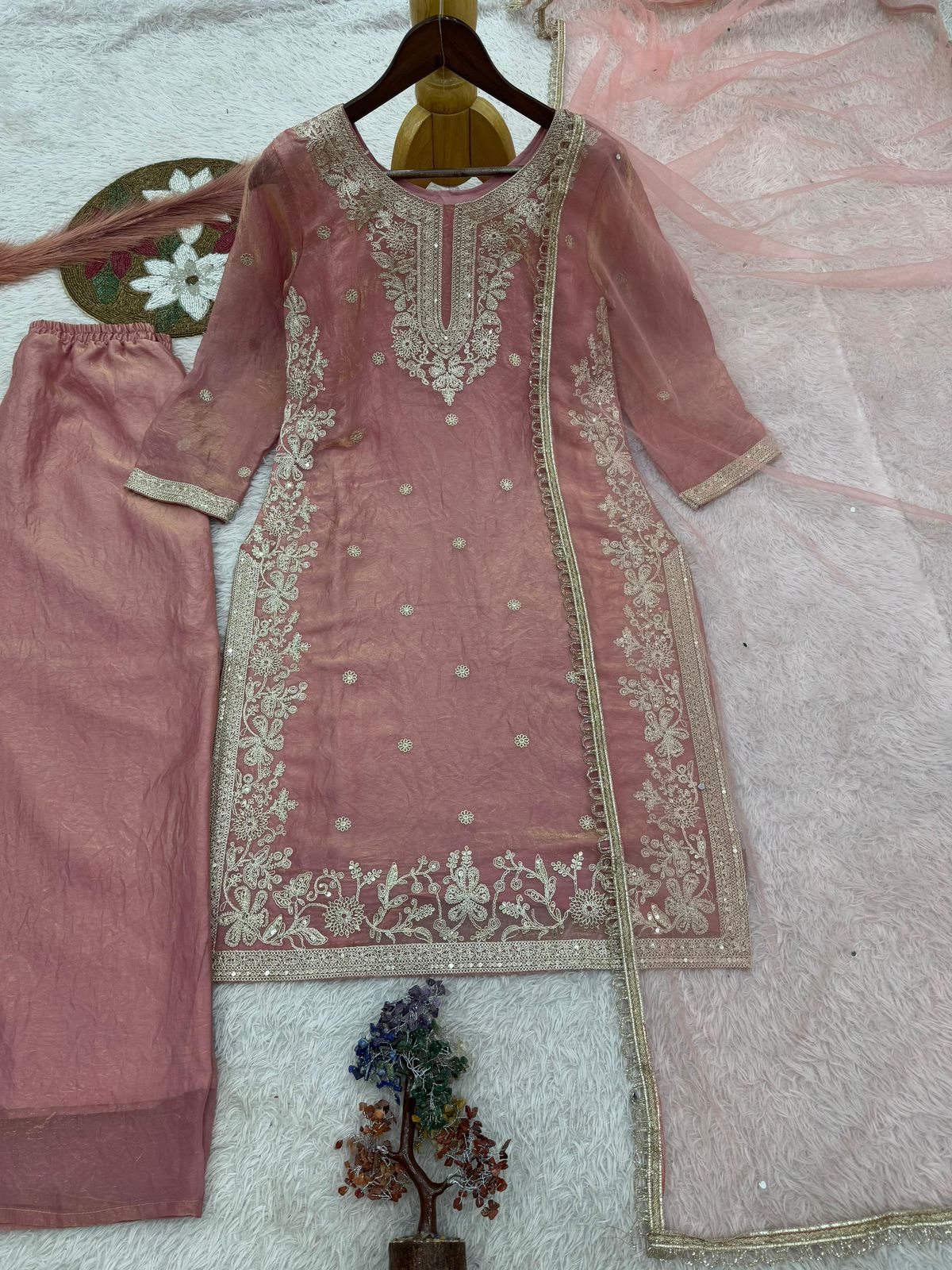 Fancy Embroidery & Sequence Work Top-Palazzo with Dupatta