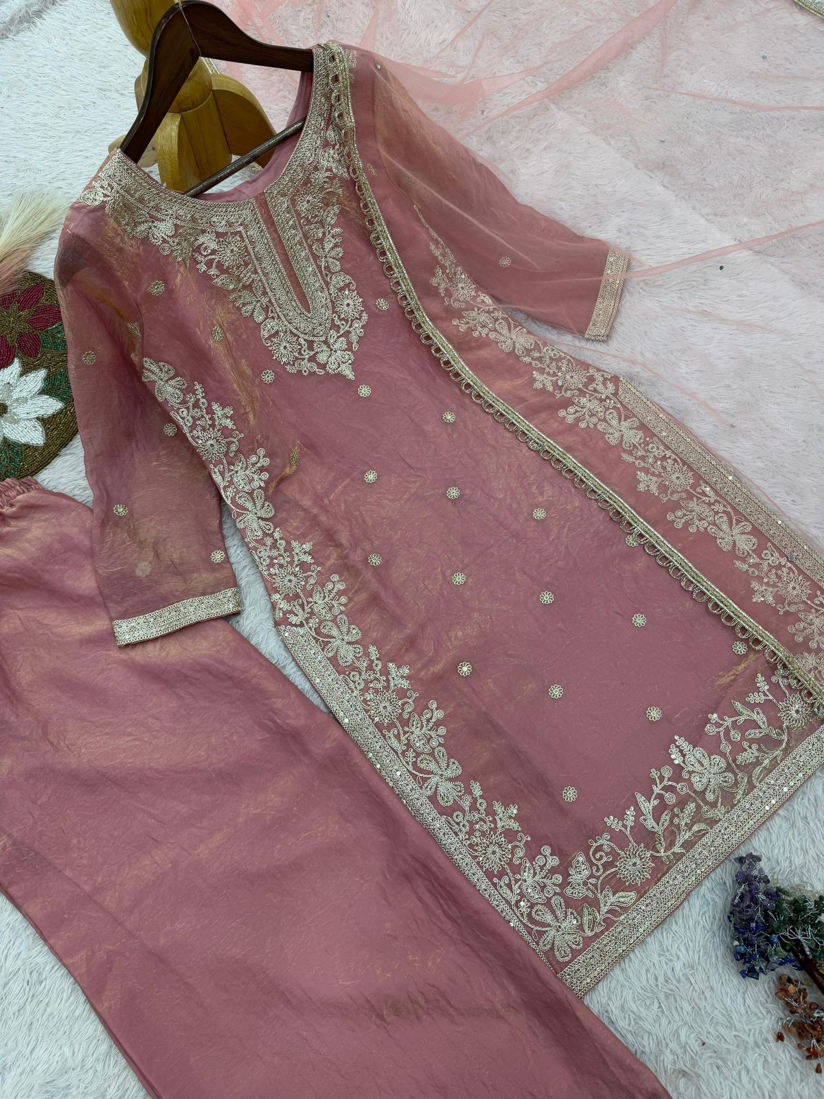 Fancy Embroidery & Sequence Work Top-Palazzo with Dupatta