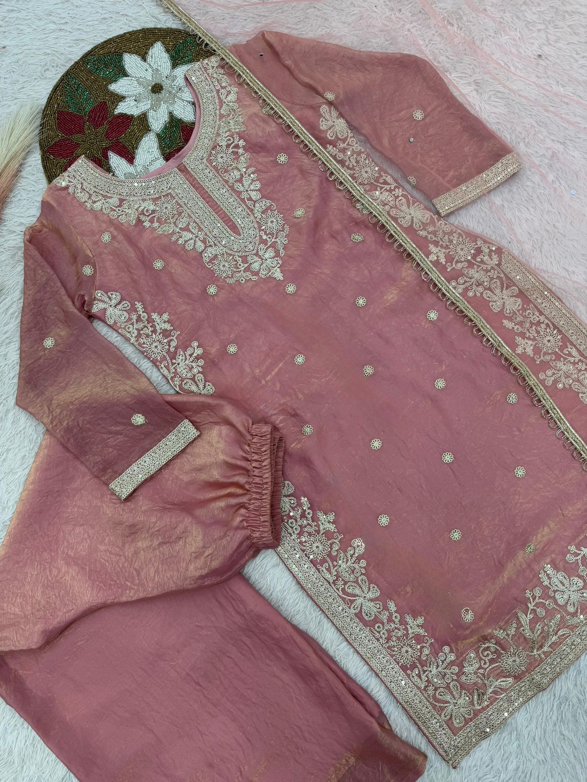 Fancy Embroidery & Sequence Work Top-Palazzo with Dupatta