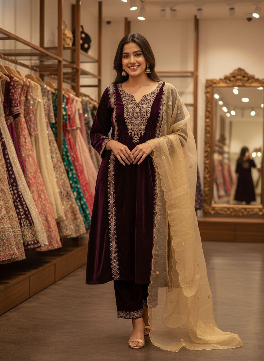 Velvet Embroidered Kurti with Pant & Dupatta Set
