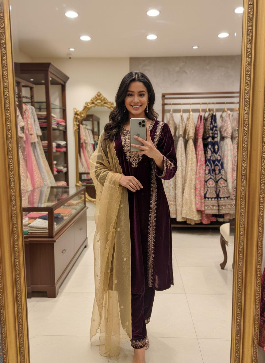 Velvet Embroidered Kurti with Pant & Dupatta Set