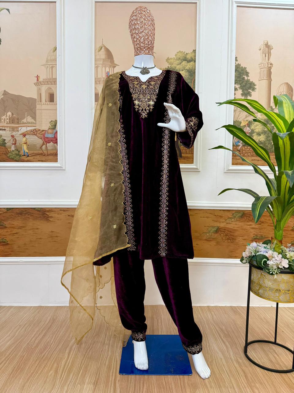 Velvet Embroidered Kurti with Pant & Dupatta Set