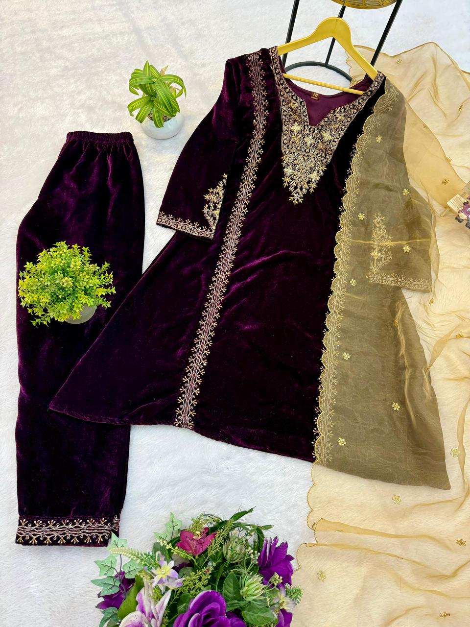 Velvet Embroidered Kurti with Pant & Dupatta Set