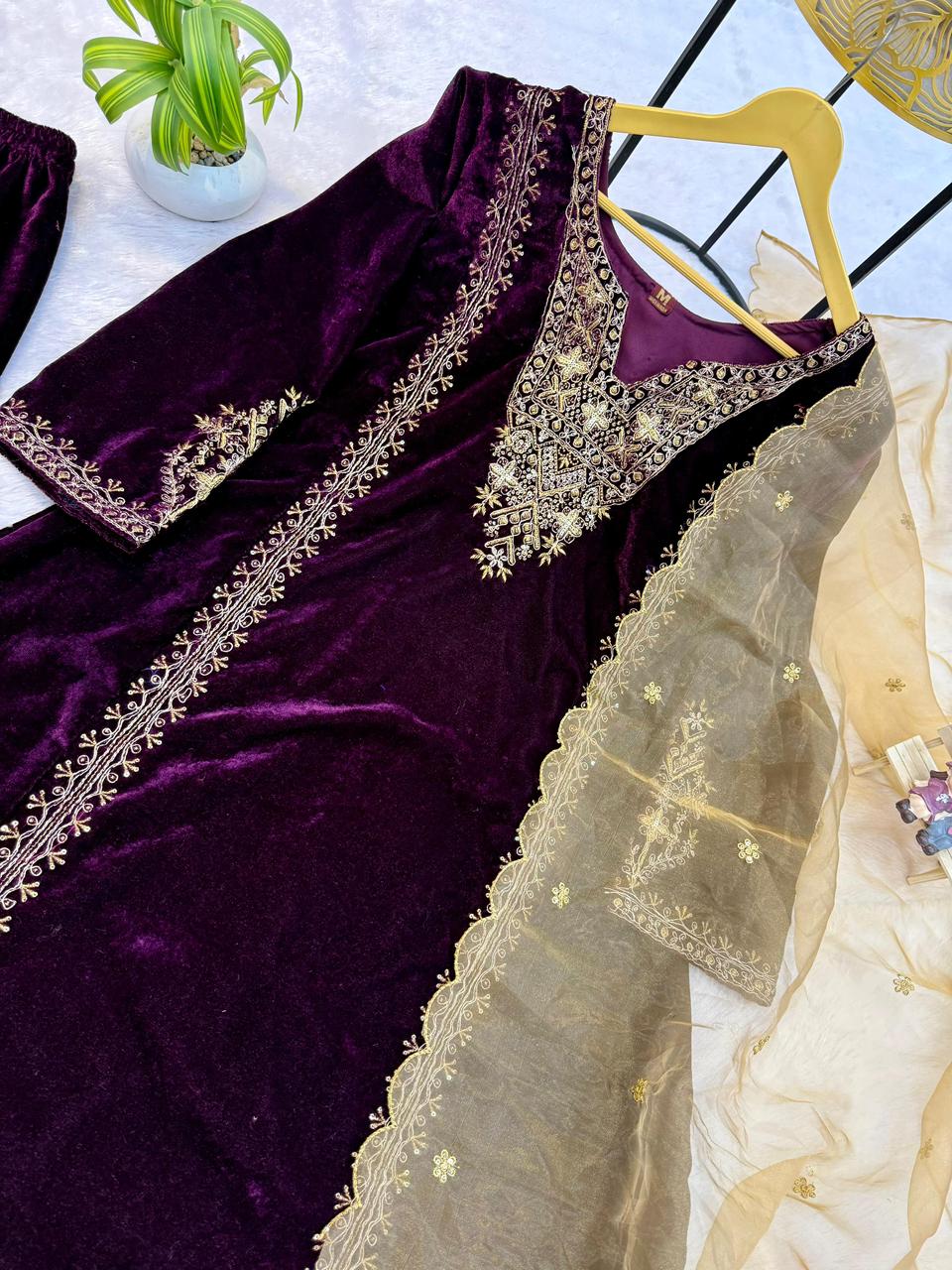 Velvet Embroidered Kurti with Pant & Dupatta Set