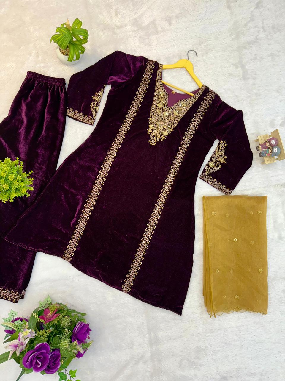 Velvet Embroidered Kurti with Pant & Dupatta Set