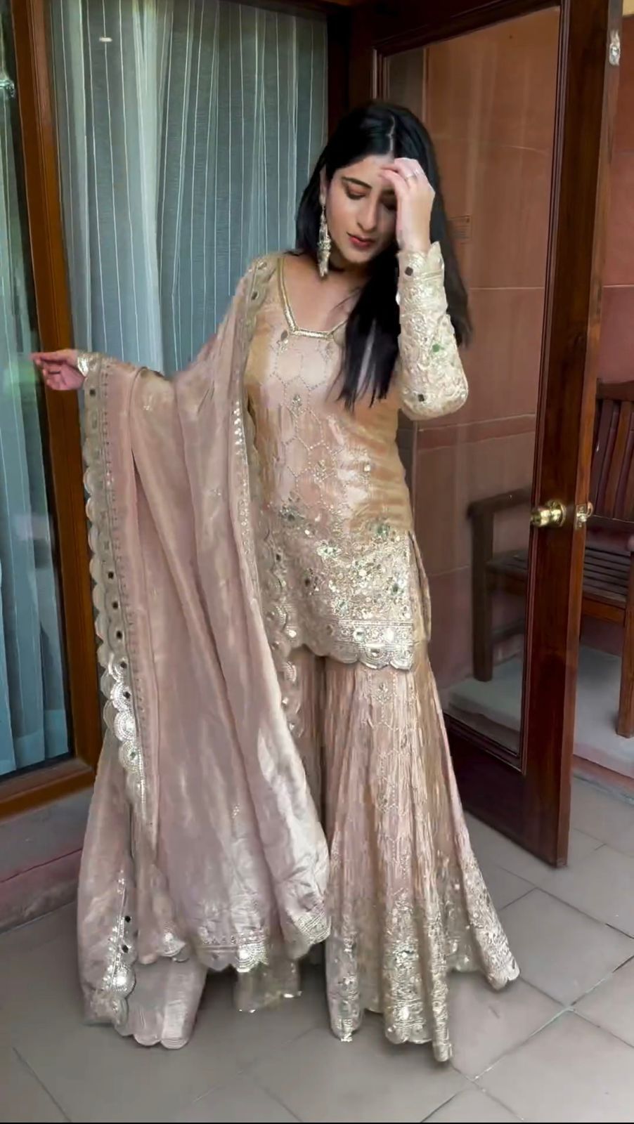 Heavy Chinon Silk Embroidered Sharara Set with Dupatta – Mirror & Sequence Work