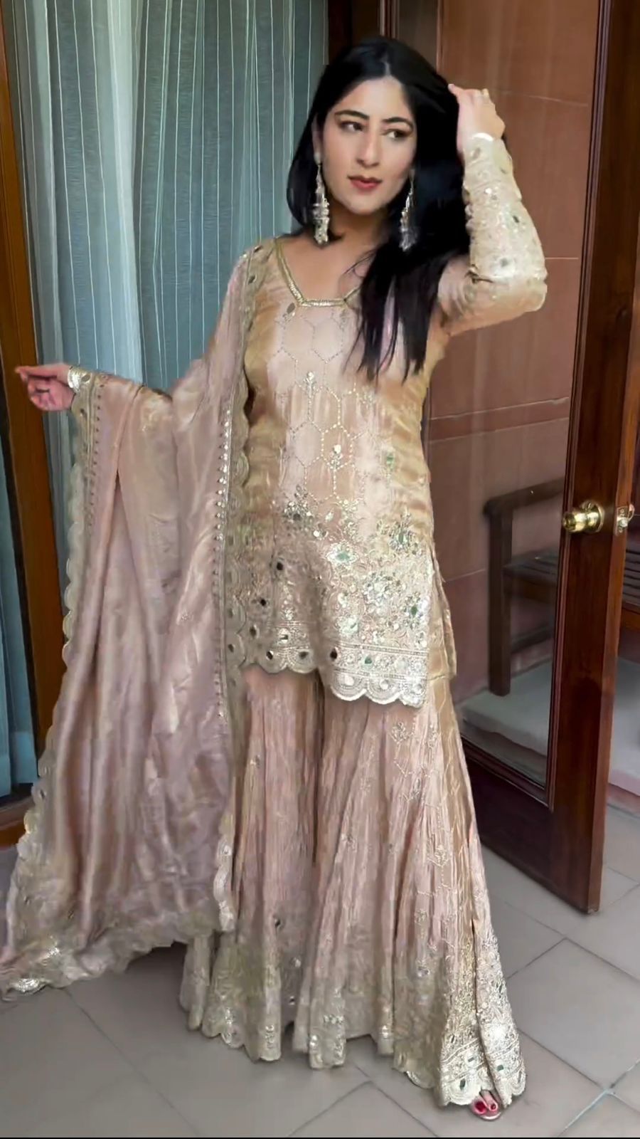 Heavy Chinon Silk Embroidered Sharara Set with Dupatta – Mirror & Sequence Work