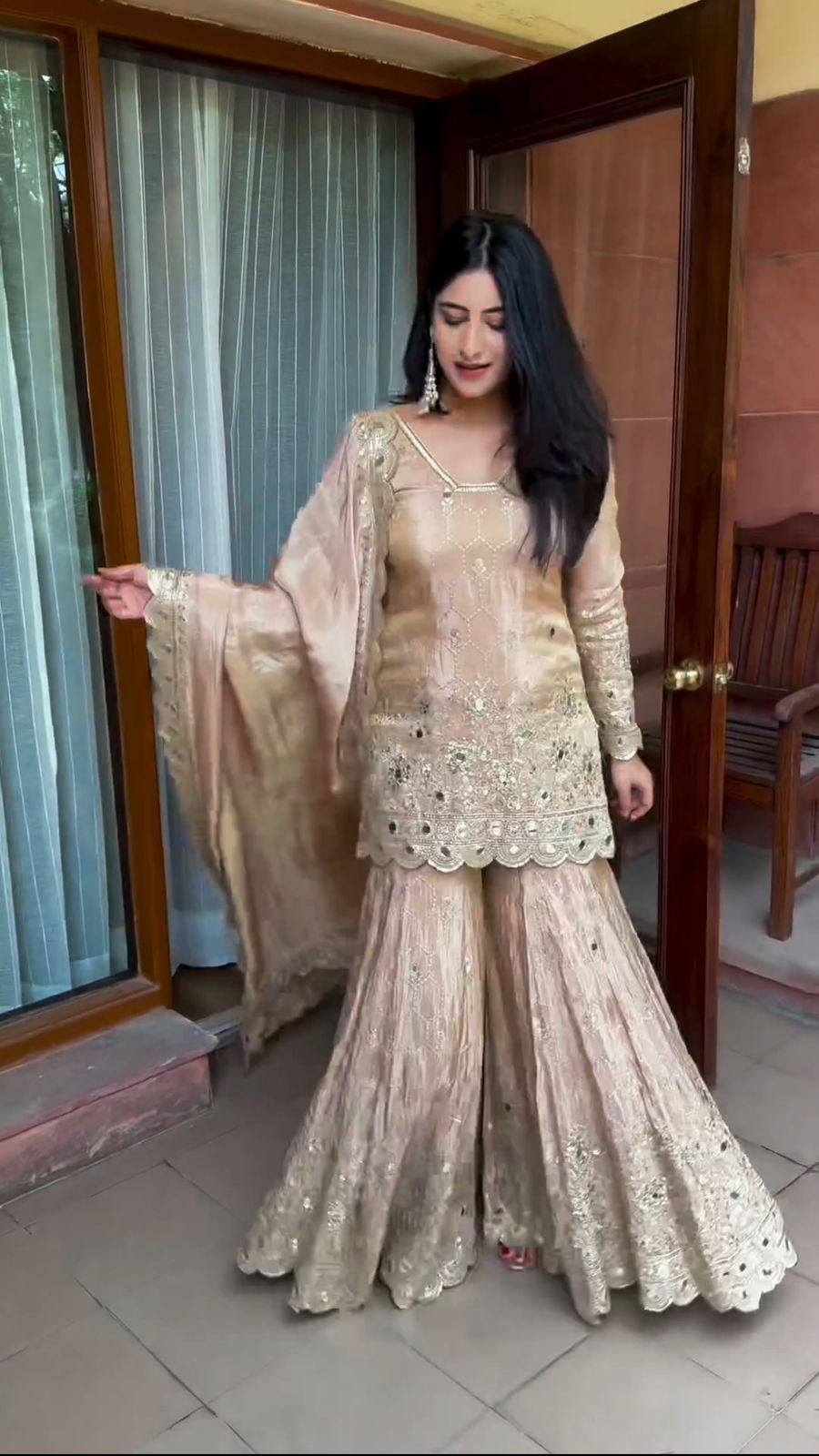 Heavy Chinon Silk Embroidered Sharara Set with Dupatta – Mirror & Sequence Work