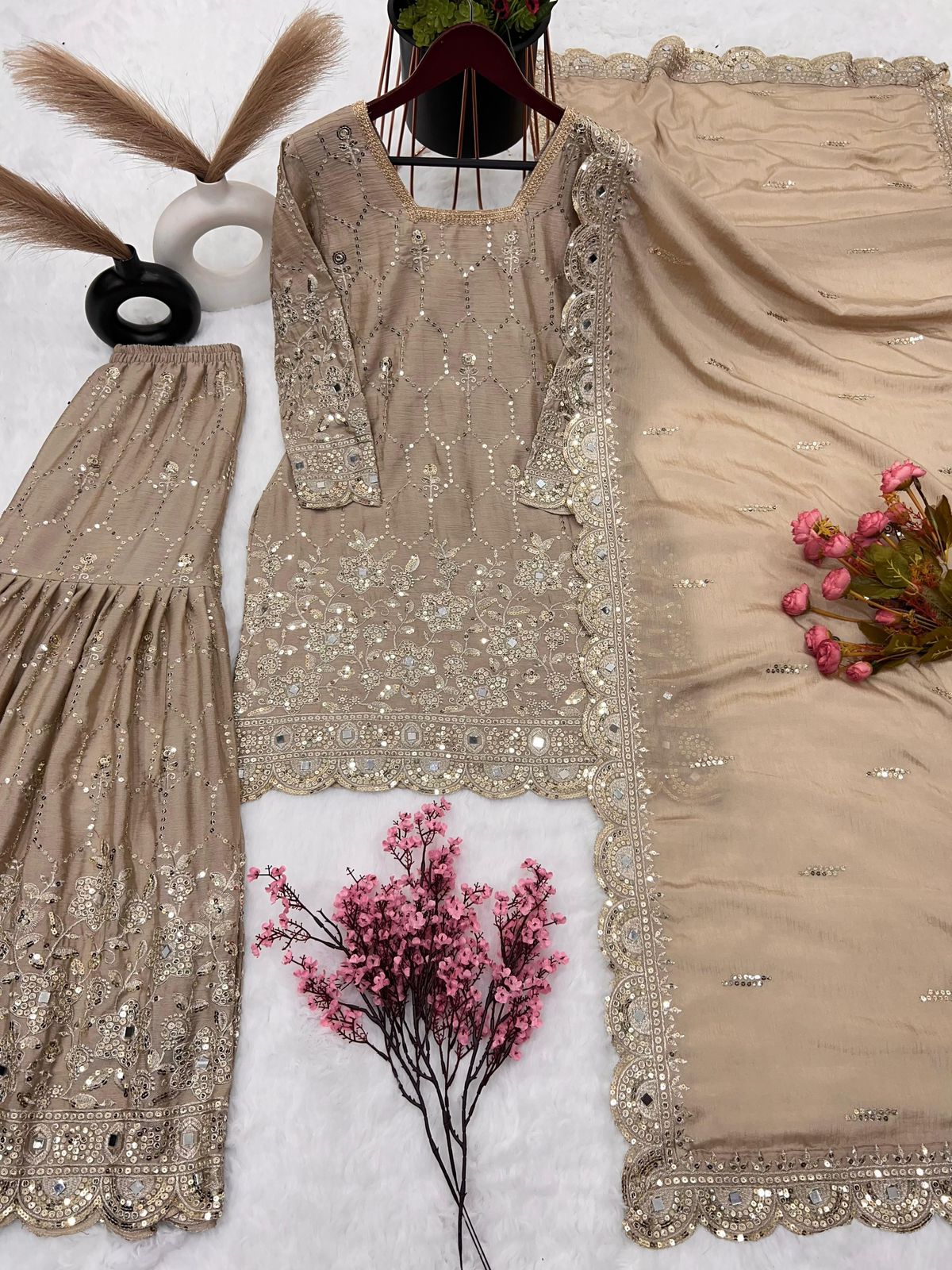 Heavy Chinon Silk Embroidered Sharara Set with Dupatta – Mirror & Sequence Work