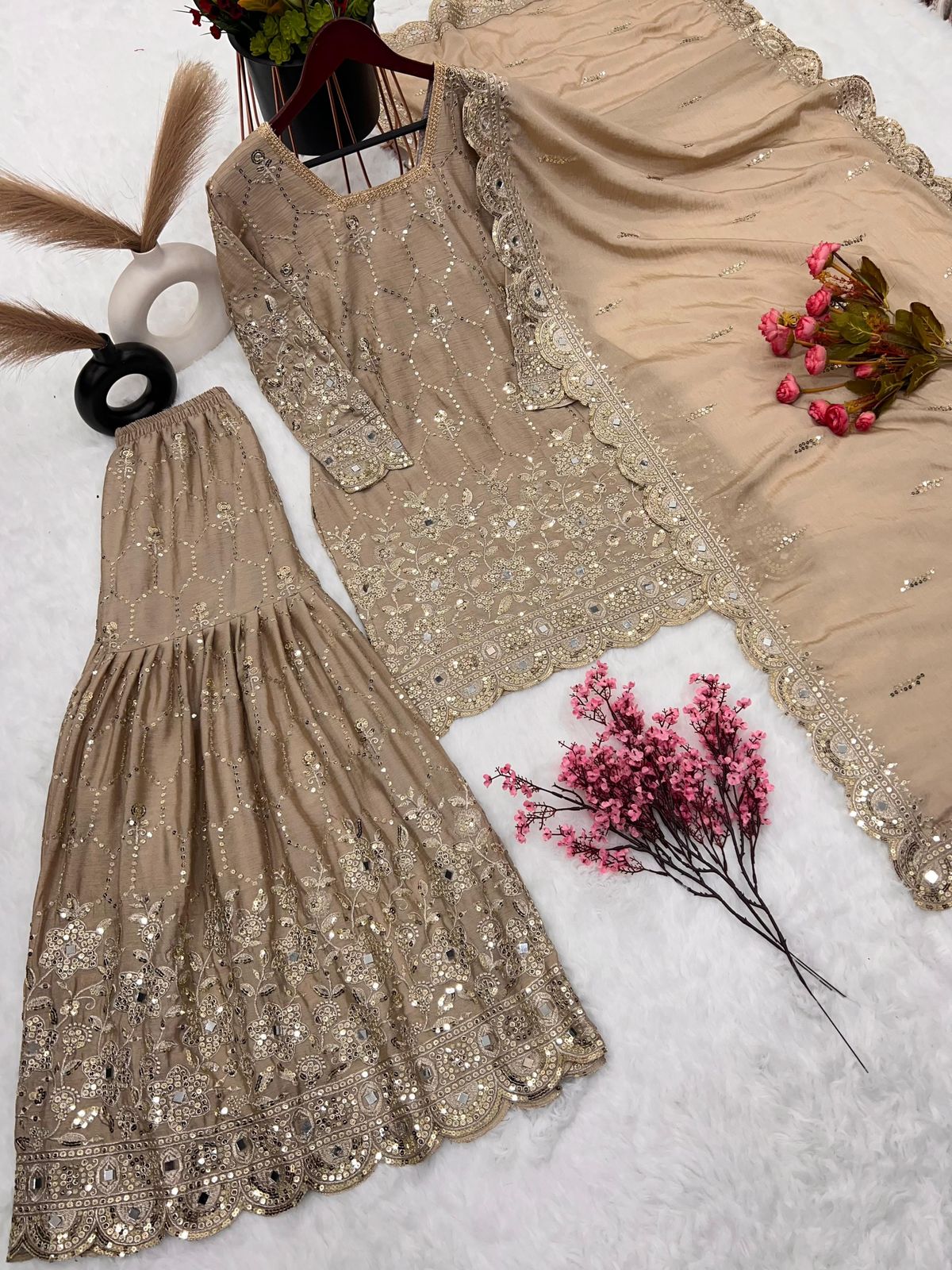 Heavy Chinon Silk Embroidered Sharara Set with Dupatta – Mirror & Sequence Work